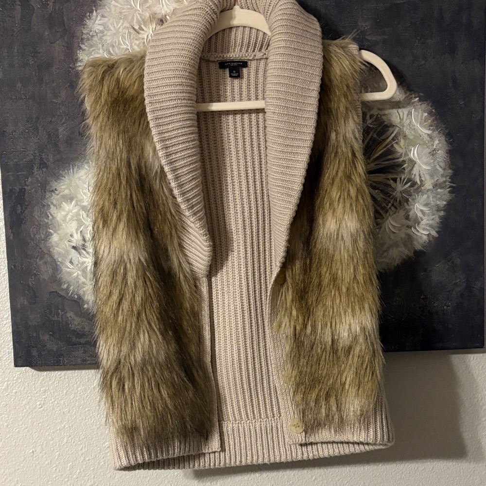 Ann Taylor Cream Faux Fur Cardigan Vest